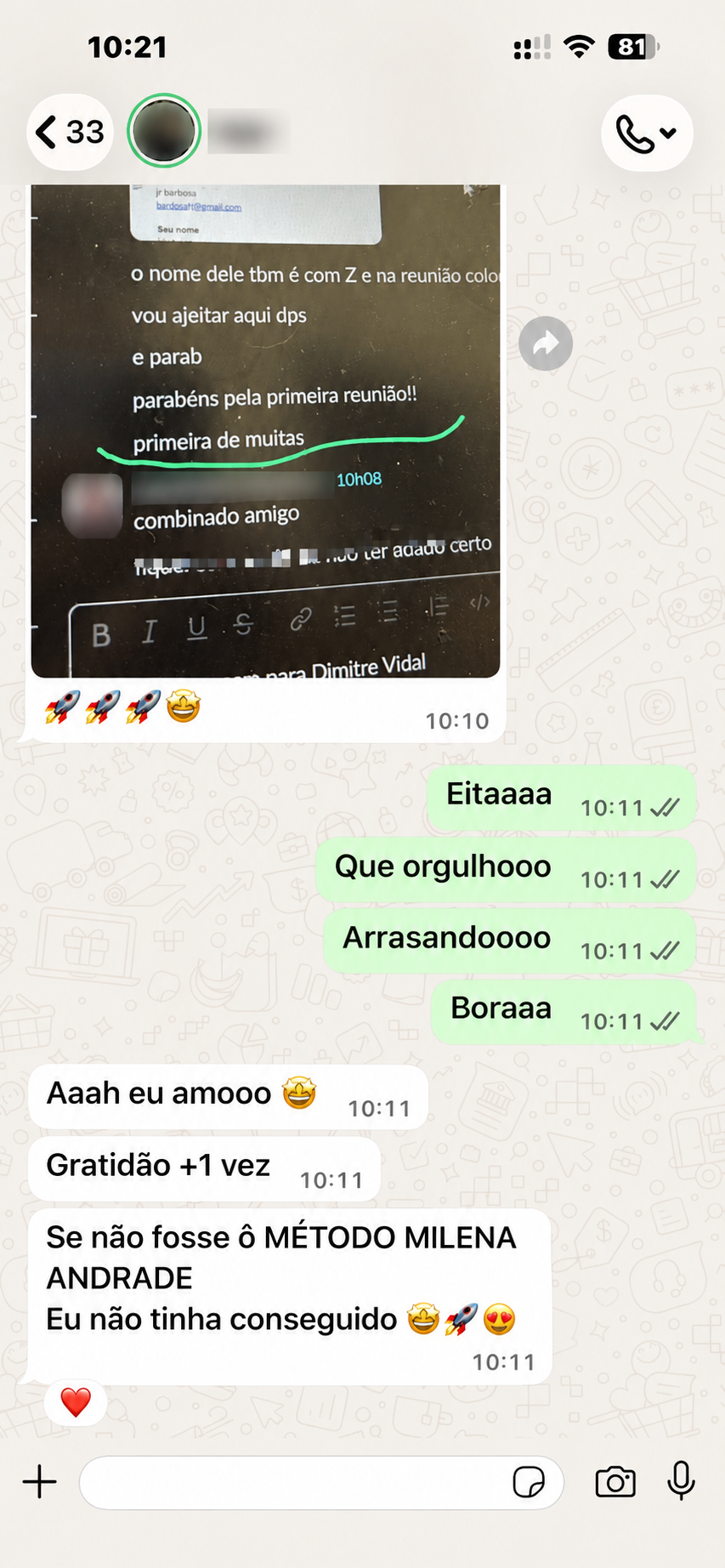 Print de conversa no WhatsApp de aluna comemorando a primeira reunião